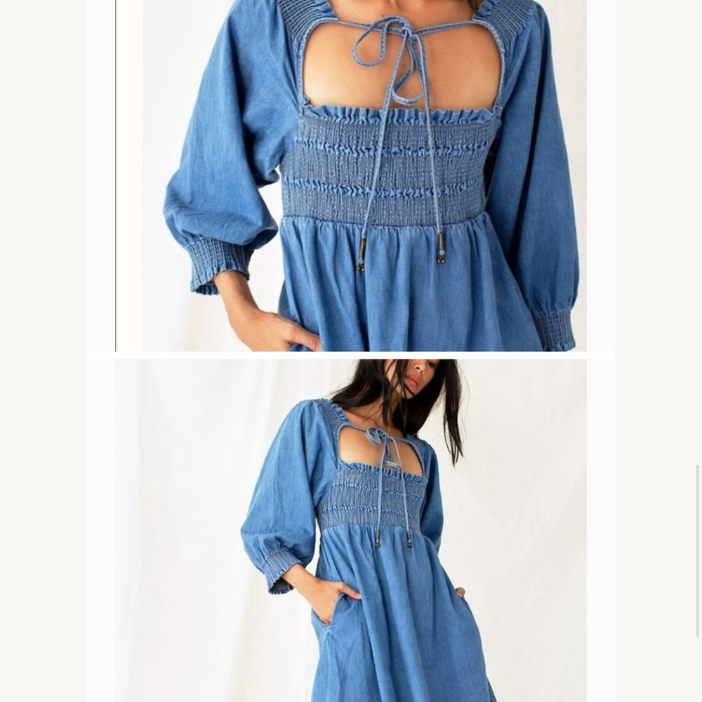 Free People This Is Everything denim Smocked Tie Neck Mini Dress M - Picture 3 of 12